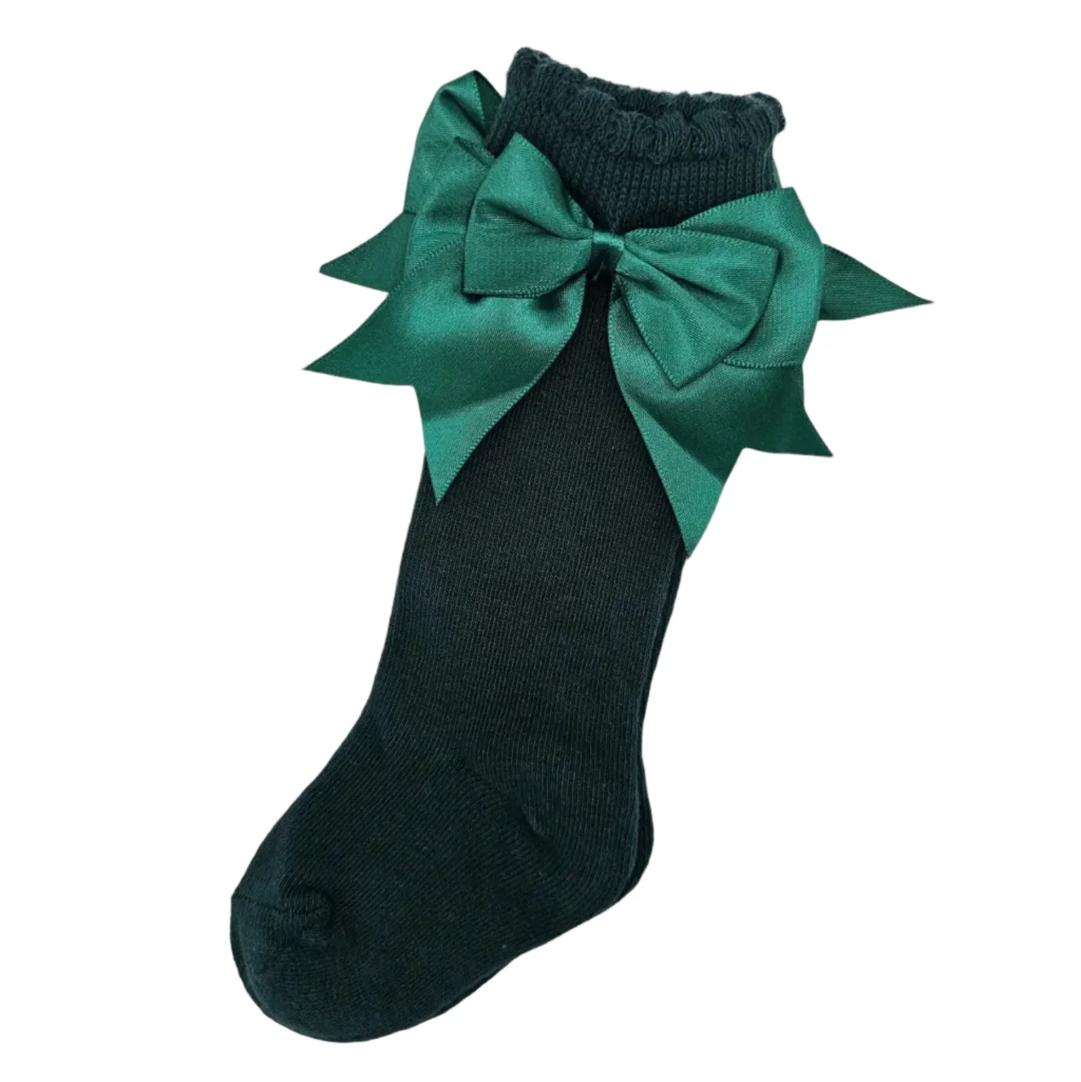 Bottle Green Knee High Style Socks With 3 inch Larger Satin Bow