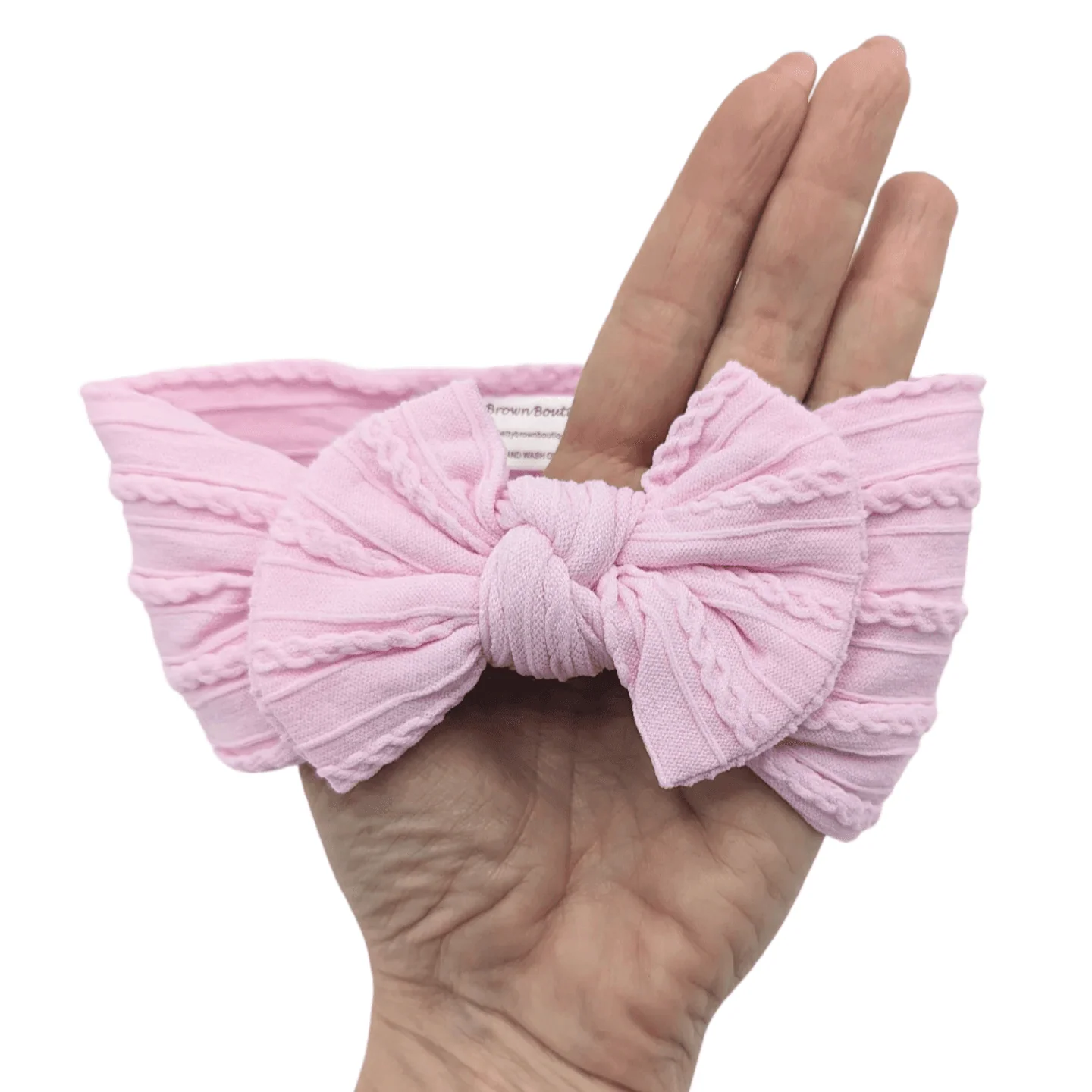 Carnation Pink Smaller Bow Cable Knit Headband - Image 6