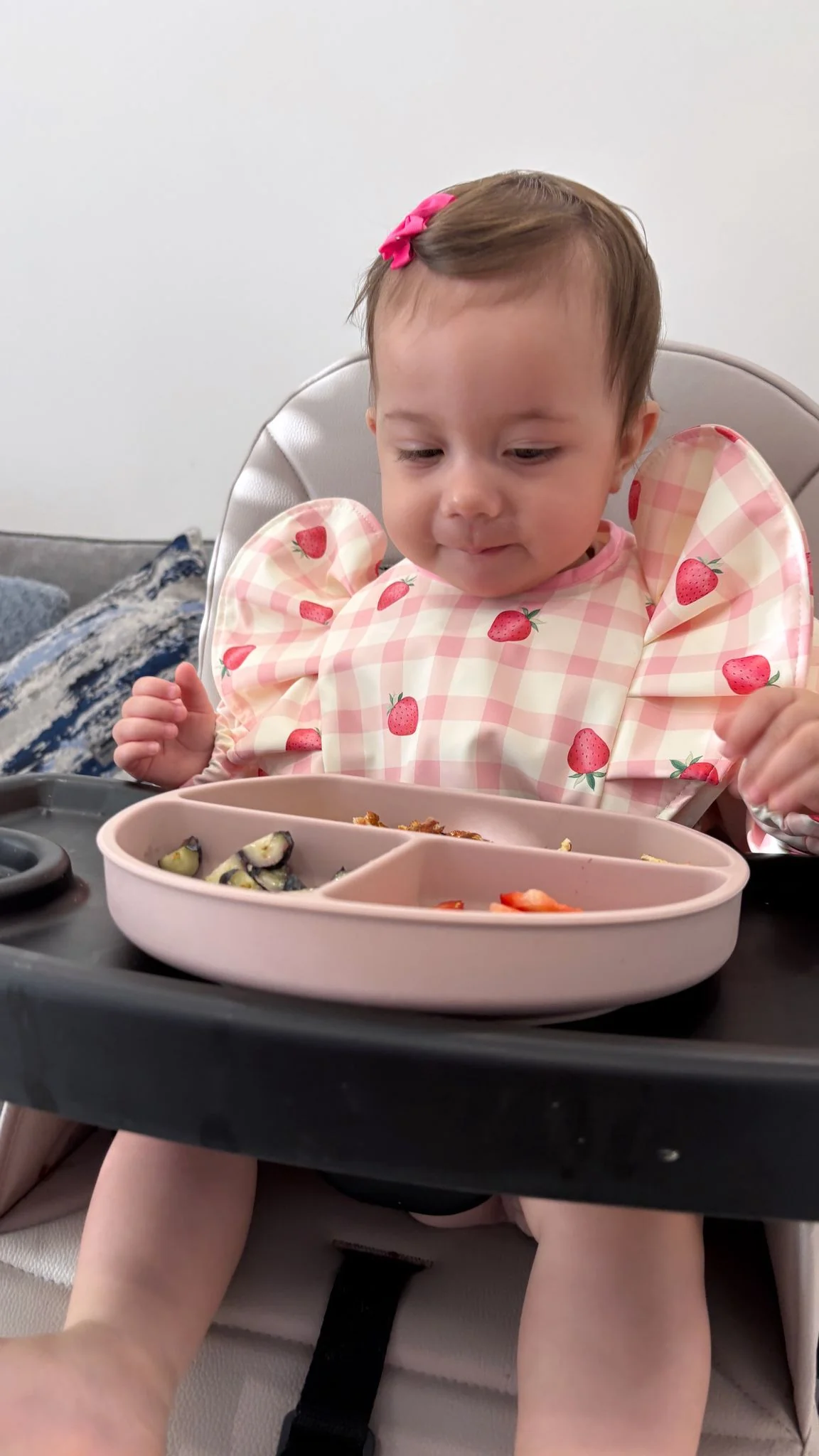 Pink Gingham Strawberry Print Frill Detailed Waterproof Weaning Bib with Sleeves - Image 3