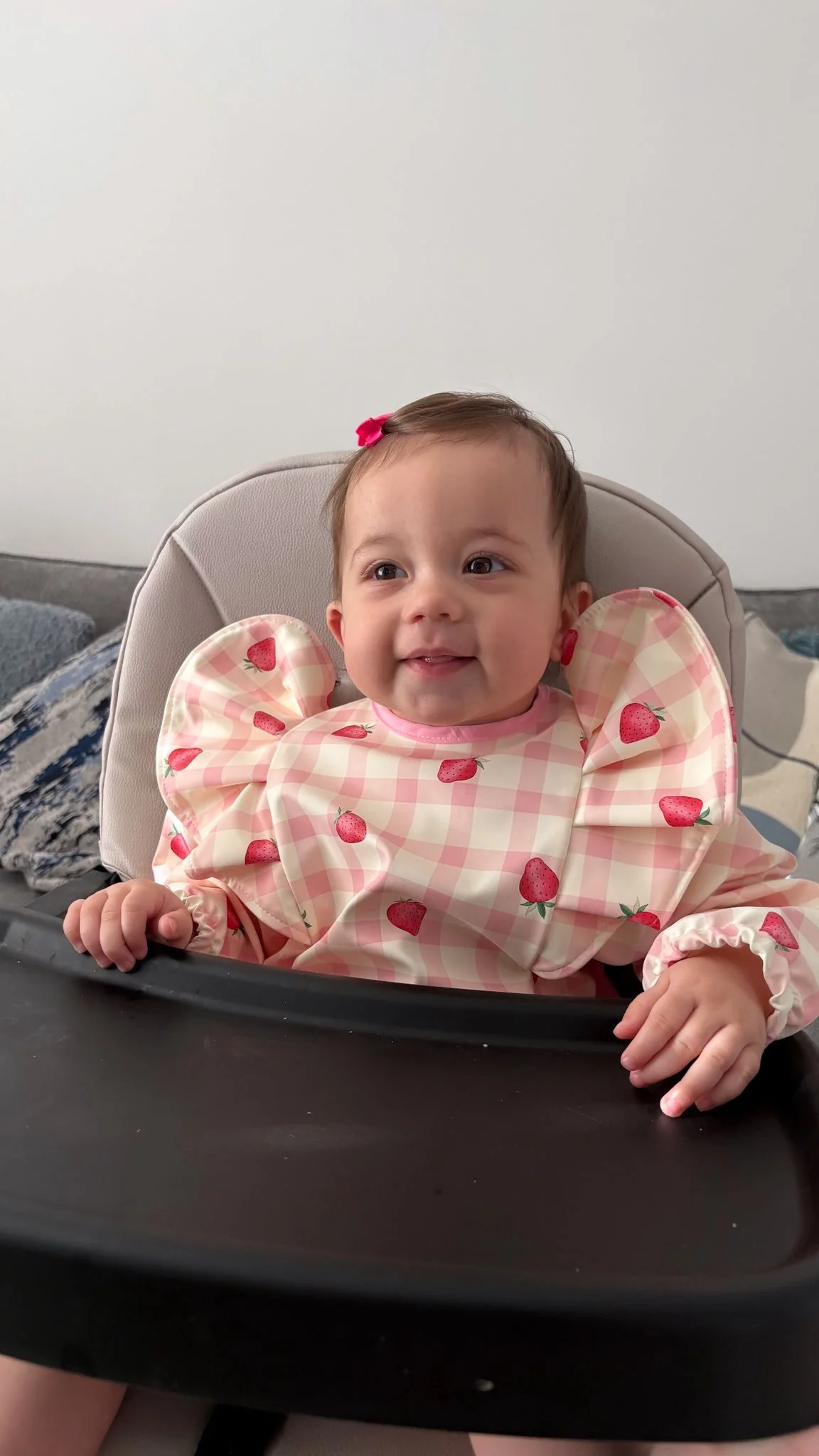 Pink Gingham Strawberry Print Frill Detailed Waterproof Weaning Bib with Sleeves - Image 4