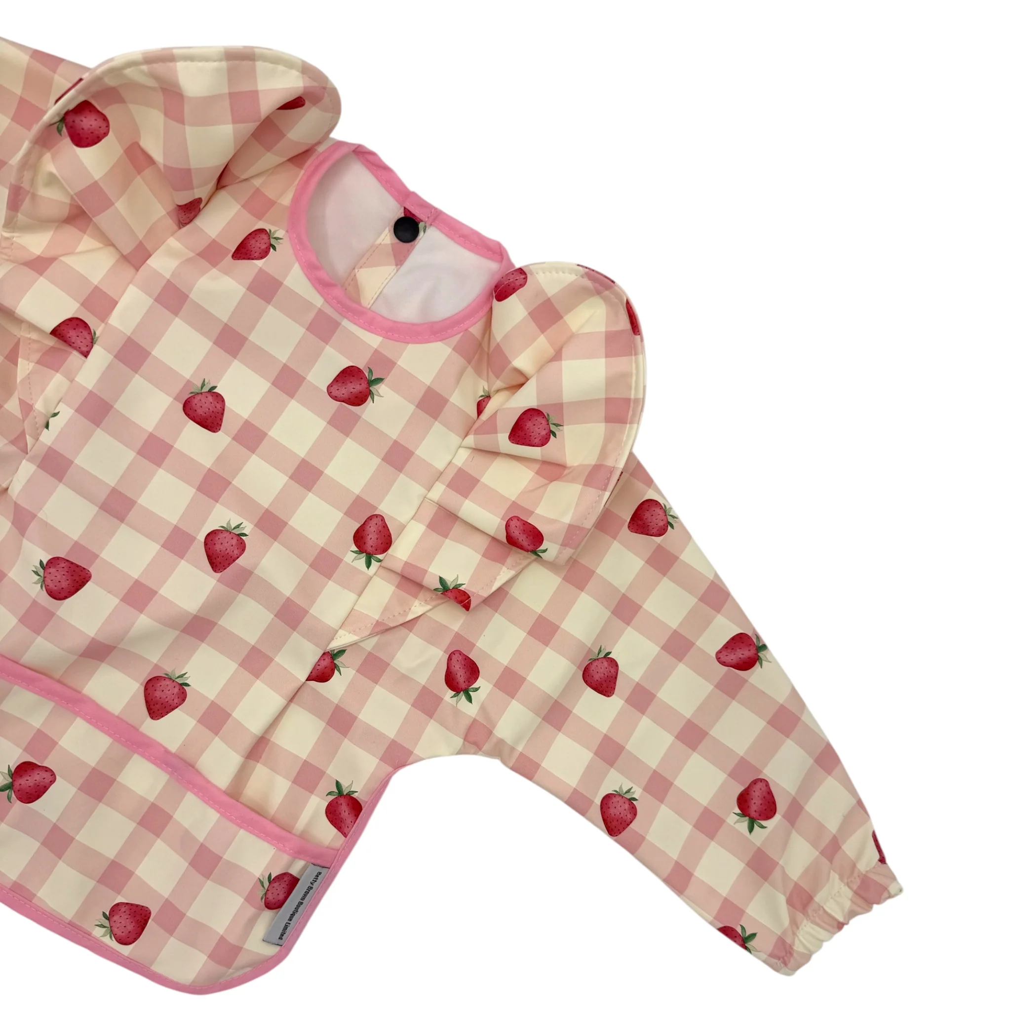 Pink Gingham Strawberry Print Frill Detailed Waterproof Weaning Bib with Sleeves - Image 5