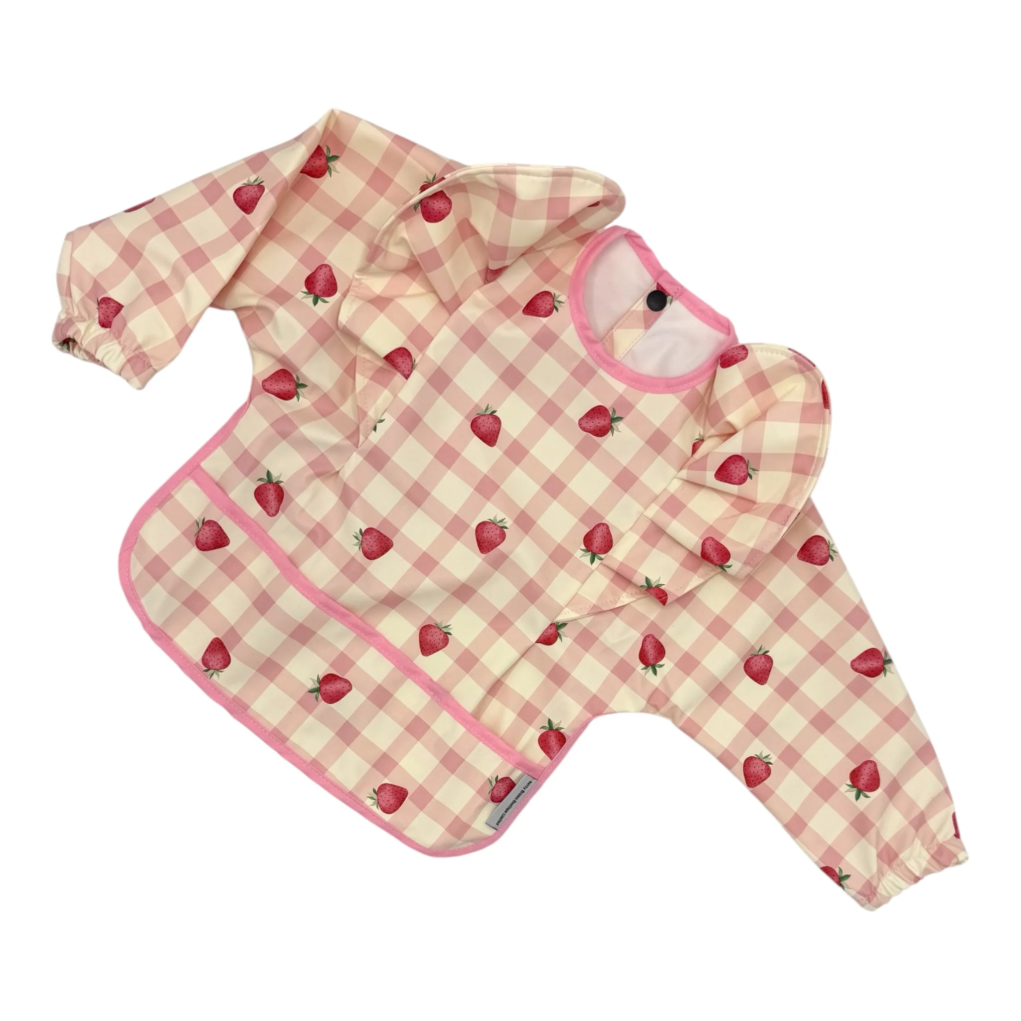Pink Gingham Strawberry Print Frill Detailed Waterproof Weaning Bib with Sleeves - Image 6