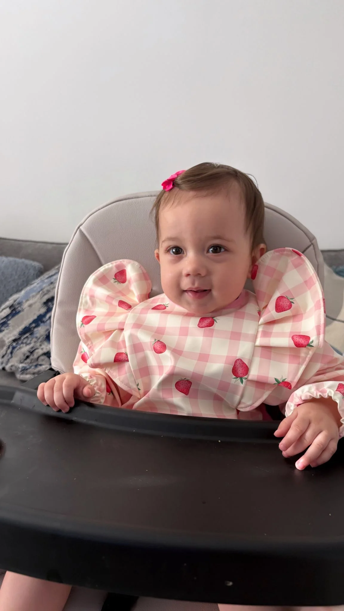 Pink Gingham Strawberry Print Frill Detailed Waterproof Weaning Bib with Sleeves - Image 7