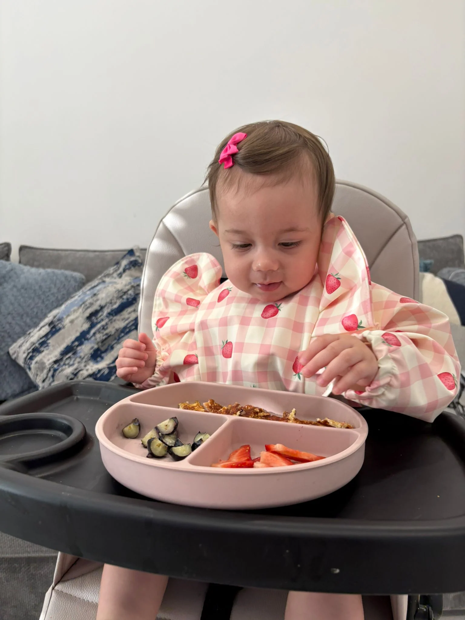 Pink Gingham Strawberry Print Frill Detailed Waterproof Weaning Bib with Sleeves - Image 8