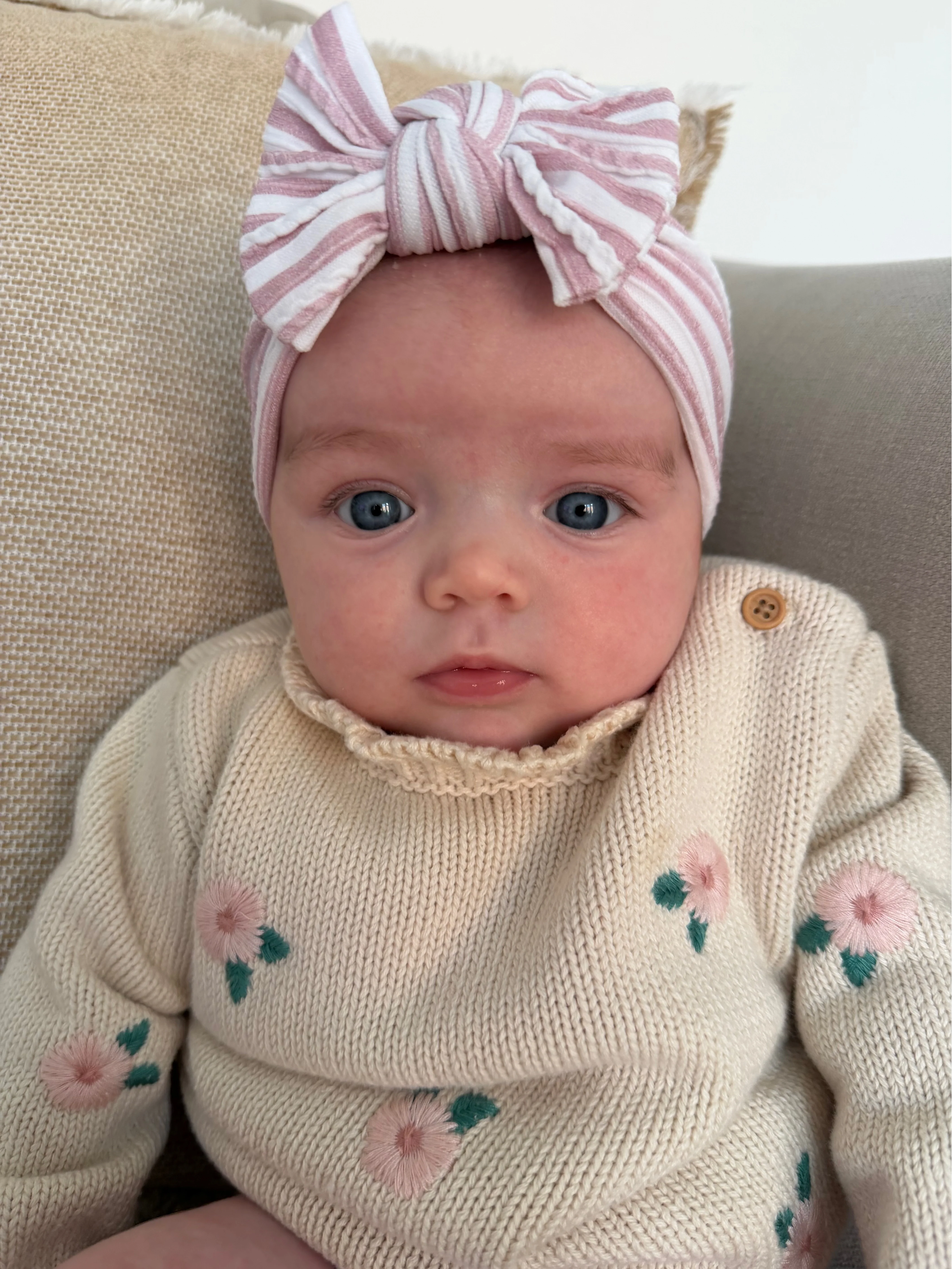 Dusty Pink Pinstripe Pattern Smaller Bow Cable Knit Headband - Image 3