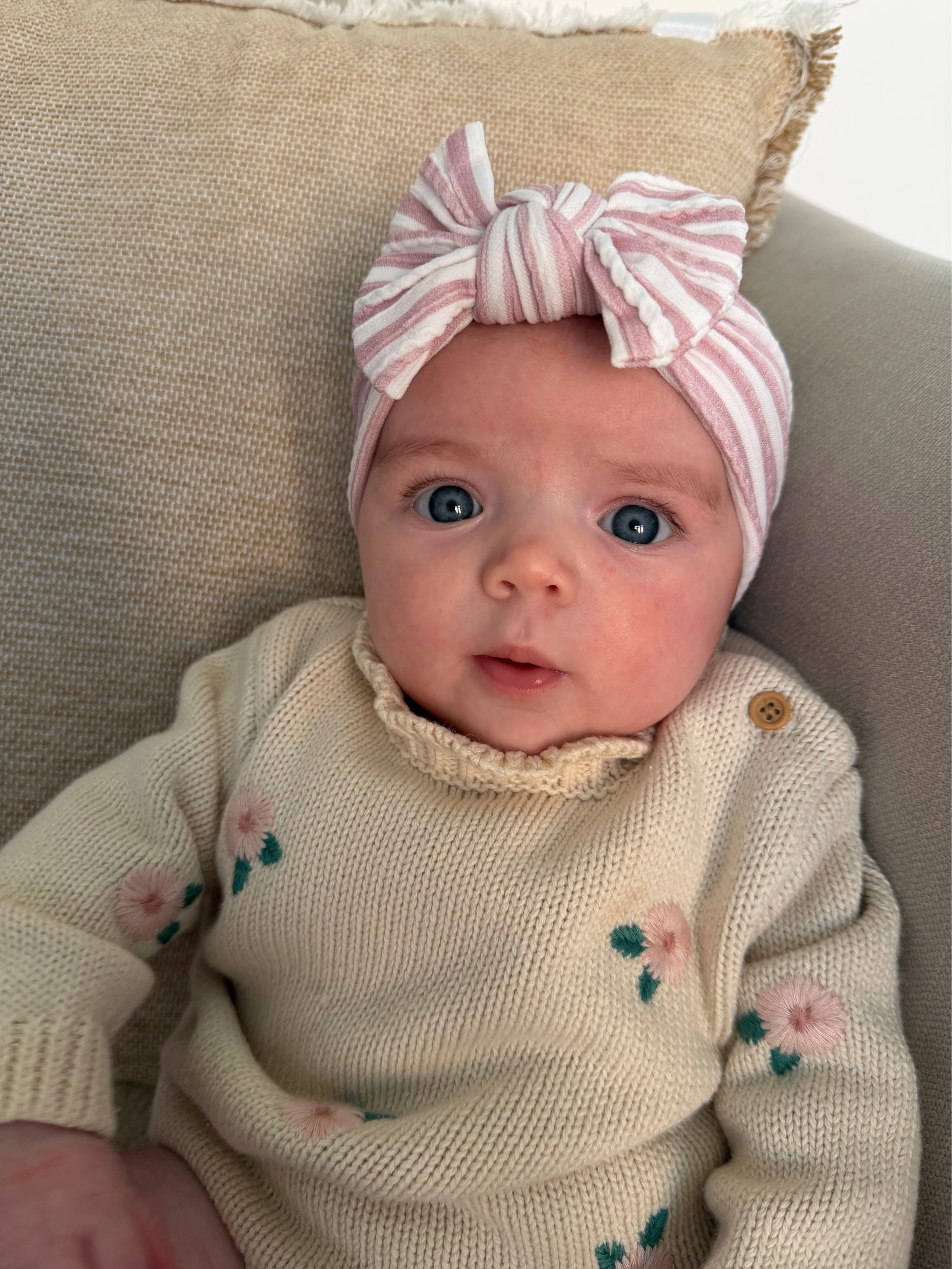 Dusty Pink Pinstripe Pattern Smaller Bow Cable Knit Headband - Image 4