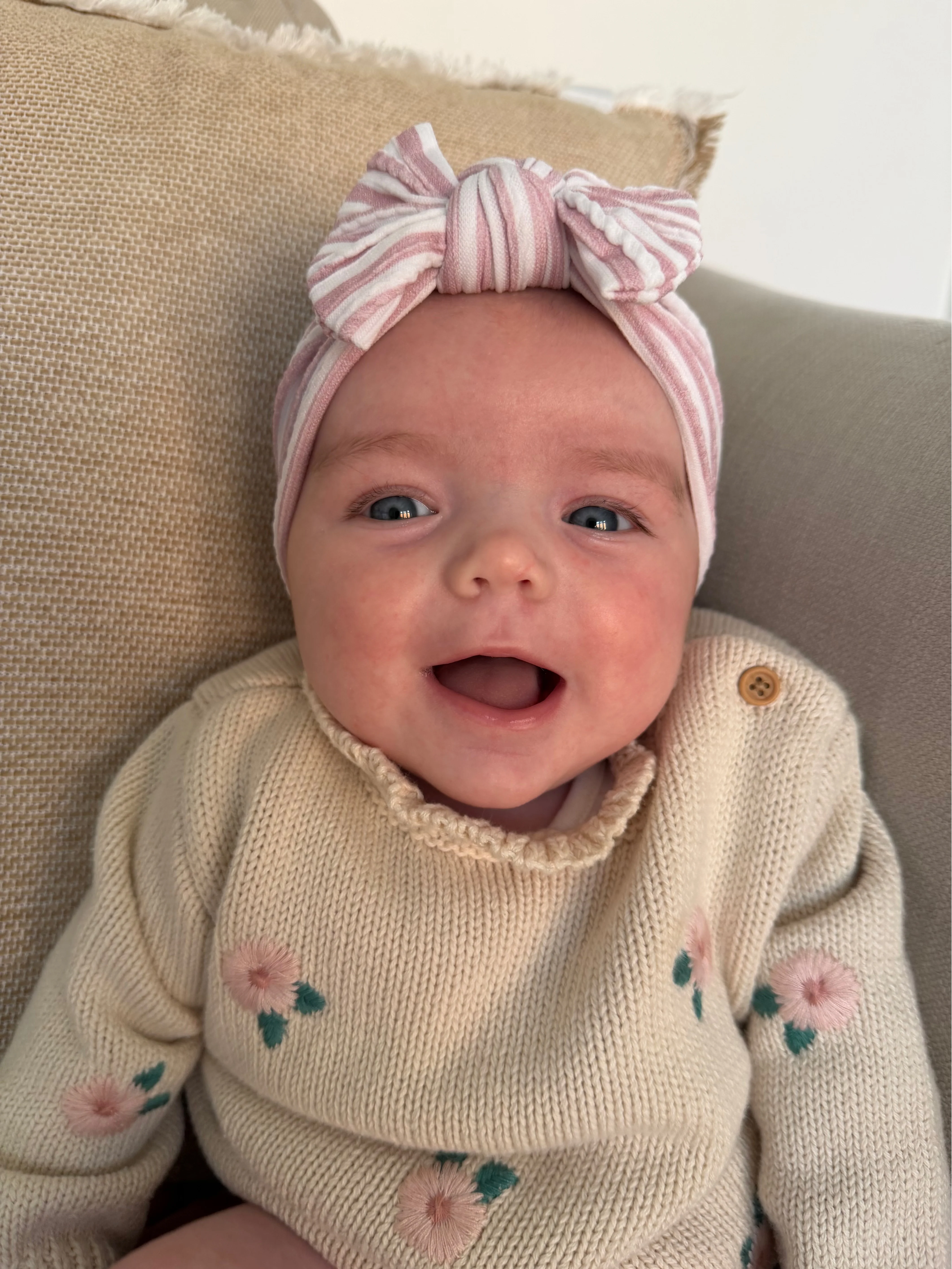 Dusty Pink Pinstripe Pattern Smaller Bow Cable Knit Headband - Image 5