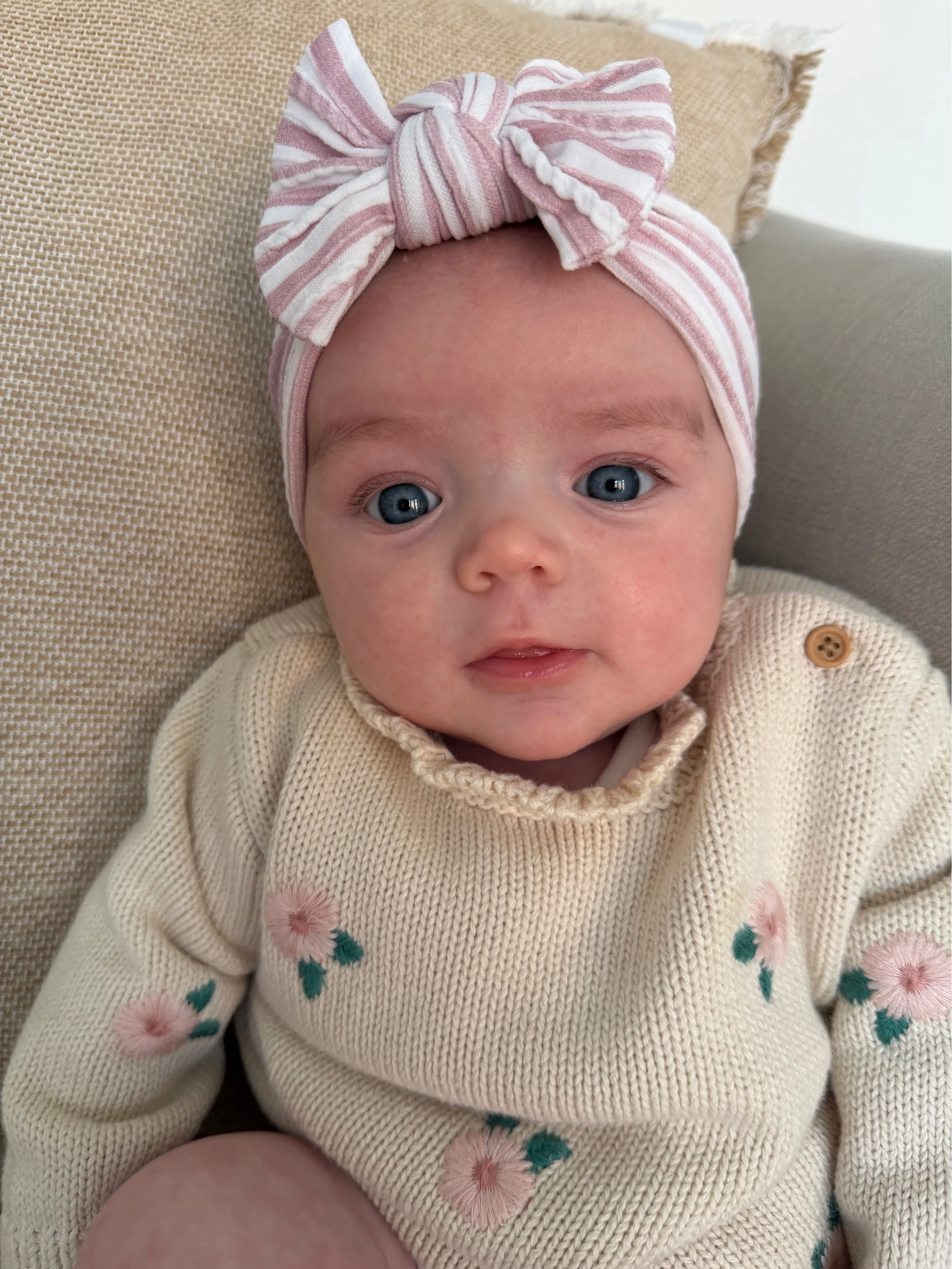 Dusty Pink Pinstripe Pattern Smaller Bow Cable Knit Headband - Image 6