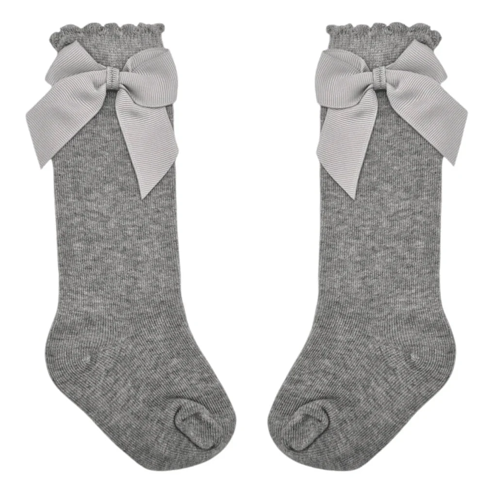 Grey Knee High Style Socks With 3 Inch Bow - Image 2
