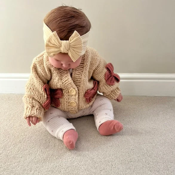 Handknitted Bow Patterned Cardigan - Latte/Pink - Image 3