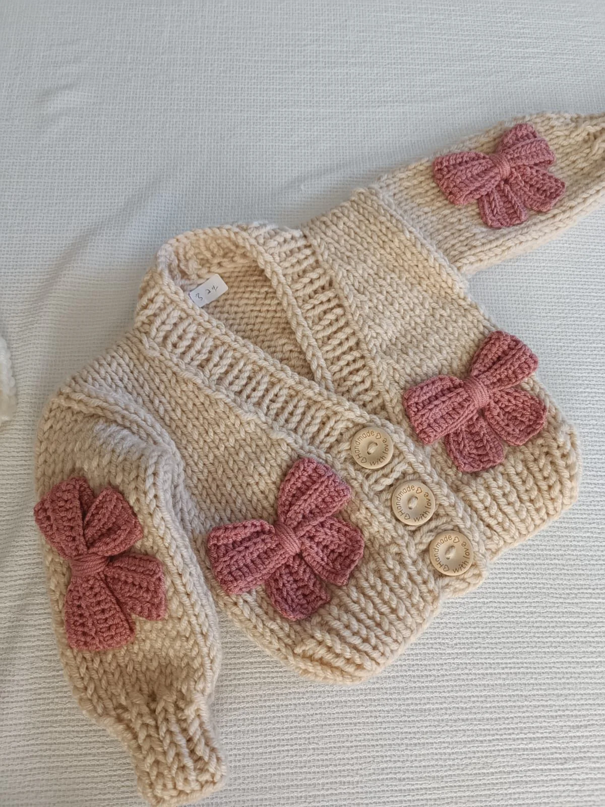 Handknitted Bow Patterned Cardigan - Latte/Pink - Image 7