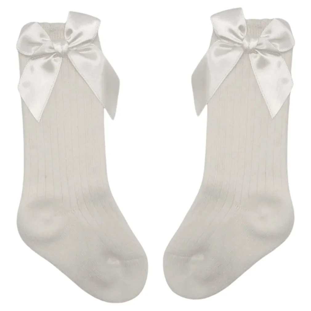 Ivory Ribbed Knee High Style Socks With Satin 3 Inch Bow - Image 2