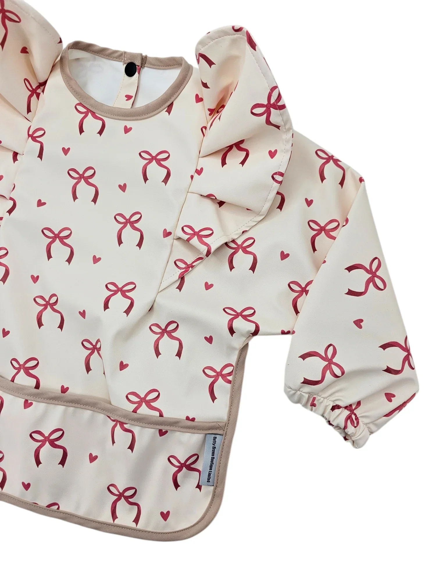 Pink Bow Pattern Frill Detailed Waterproof Bib with Sleeves - Image 3