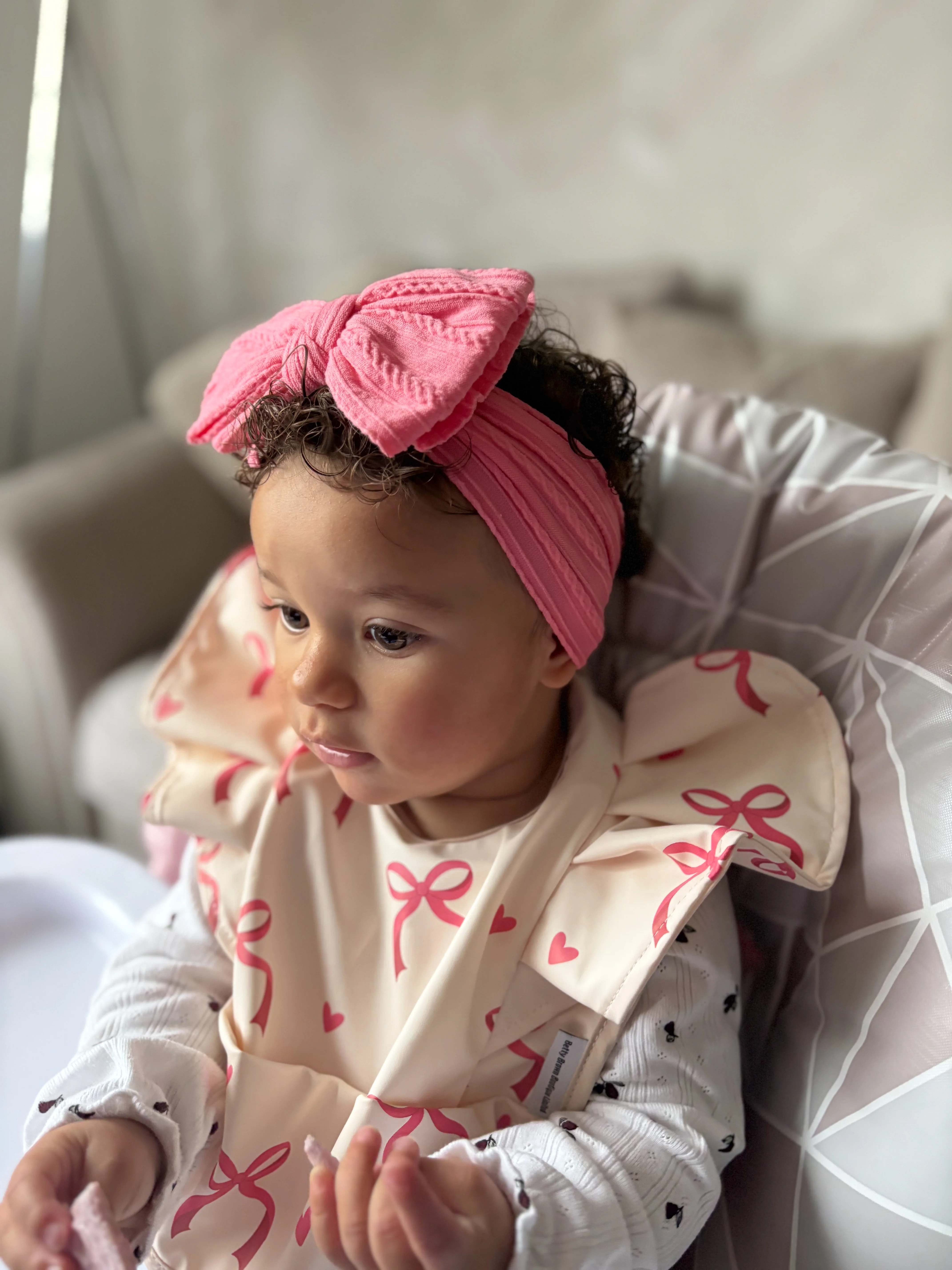 Pink Bow Pattern Frill Detailed Waterproof Weaning Bib - Image 3