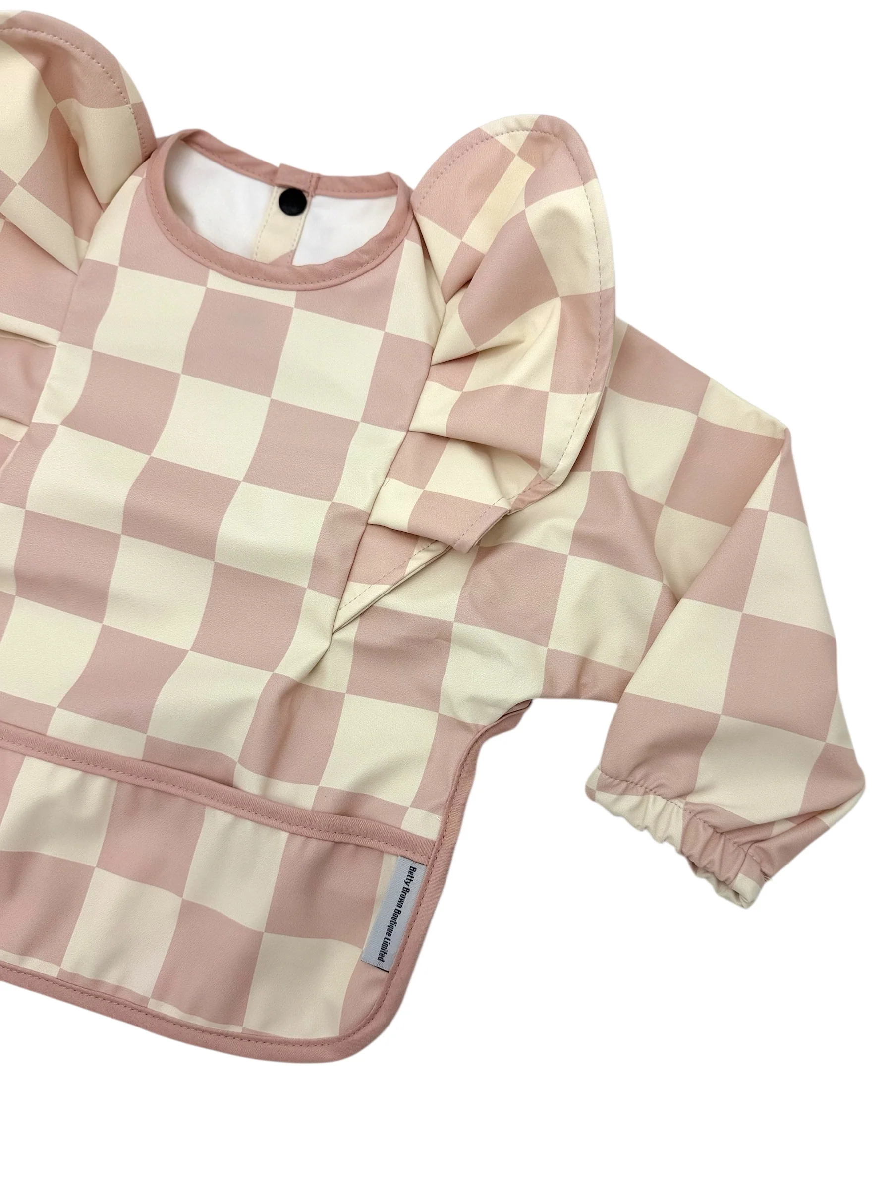 Pink Checkered Pattern Frill Detailed Waterproof Bib with Sleeves - Image 6