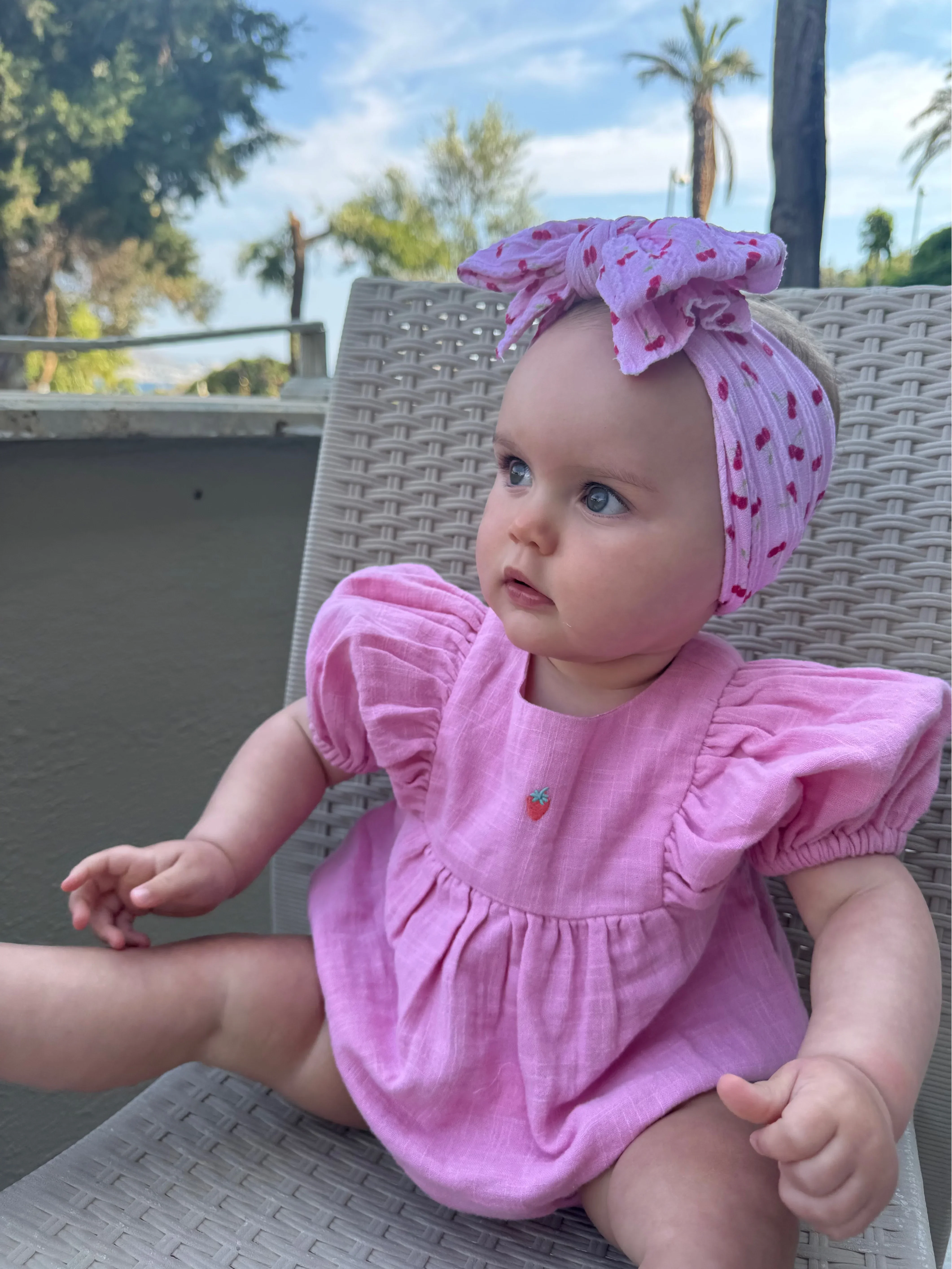 Pink Cherry Pattern Larger Bow Cable Knit Headband - Image 5