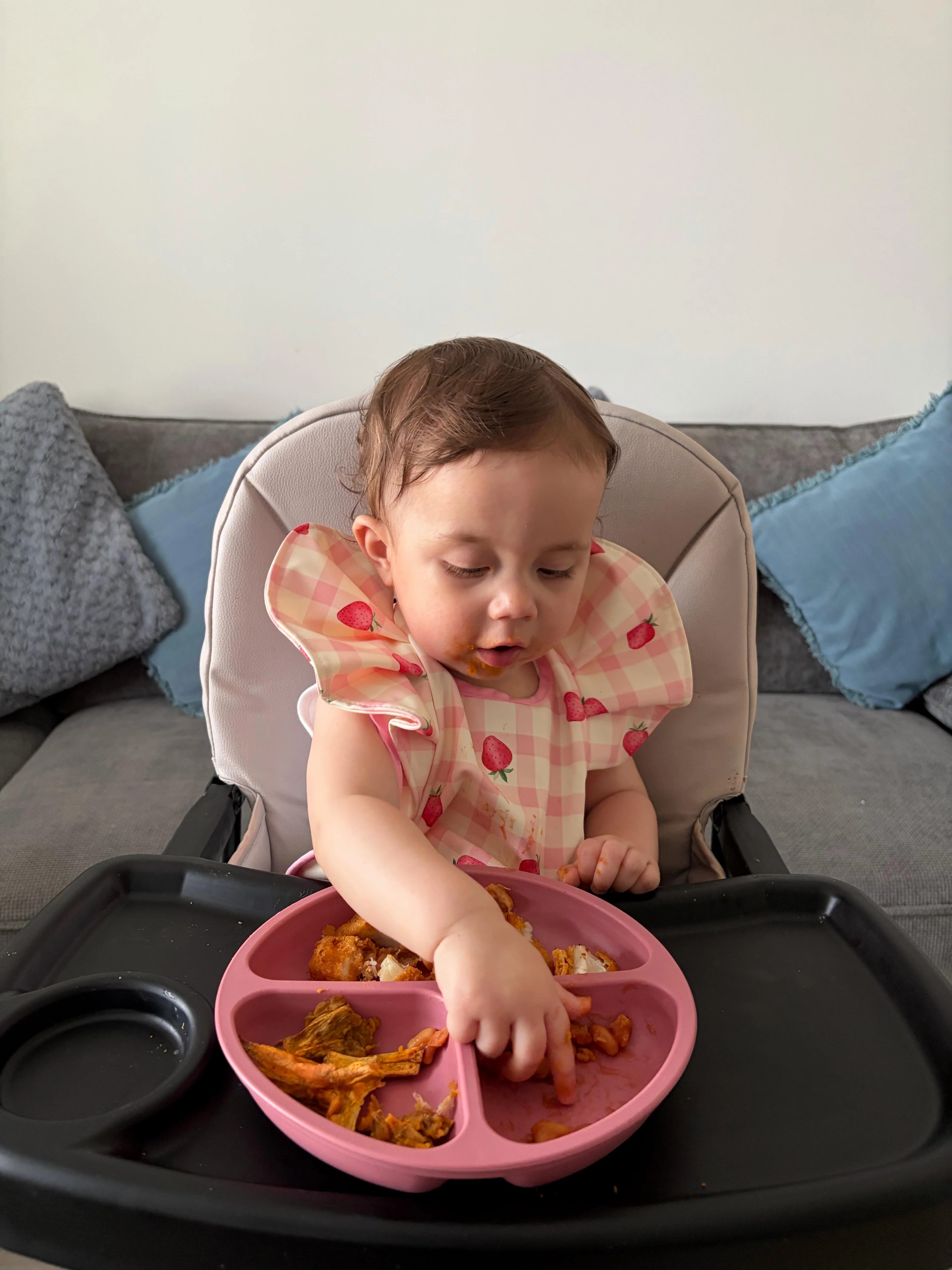 Pink Gingham Strawberry Pattern Frill Detailed Waterproof Weaning Bib - Image 3