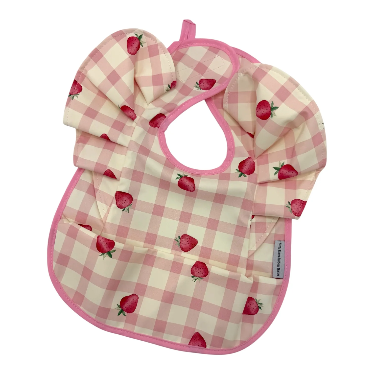 Pink Gingham Strawberry Pattern Frill Detailed Waterproof Weaning Bib - Image 4