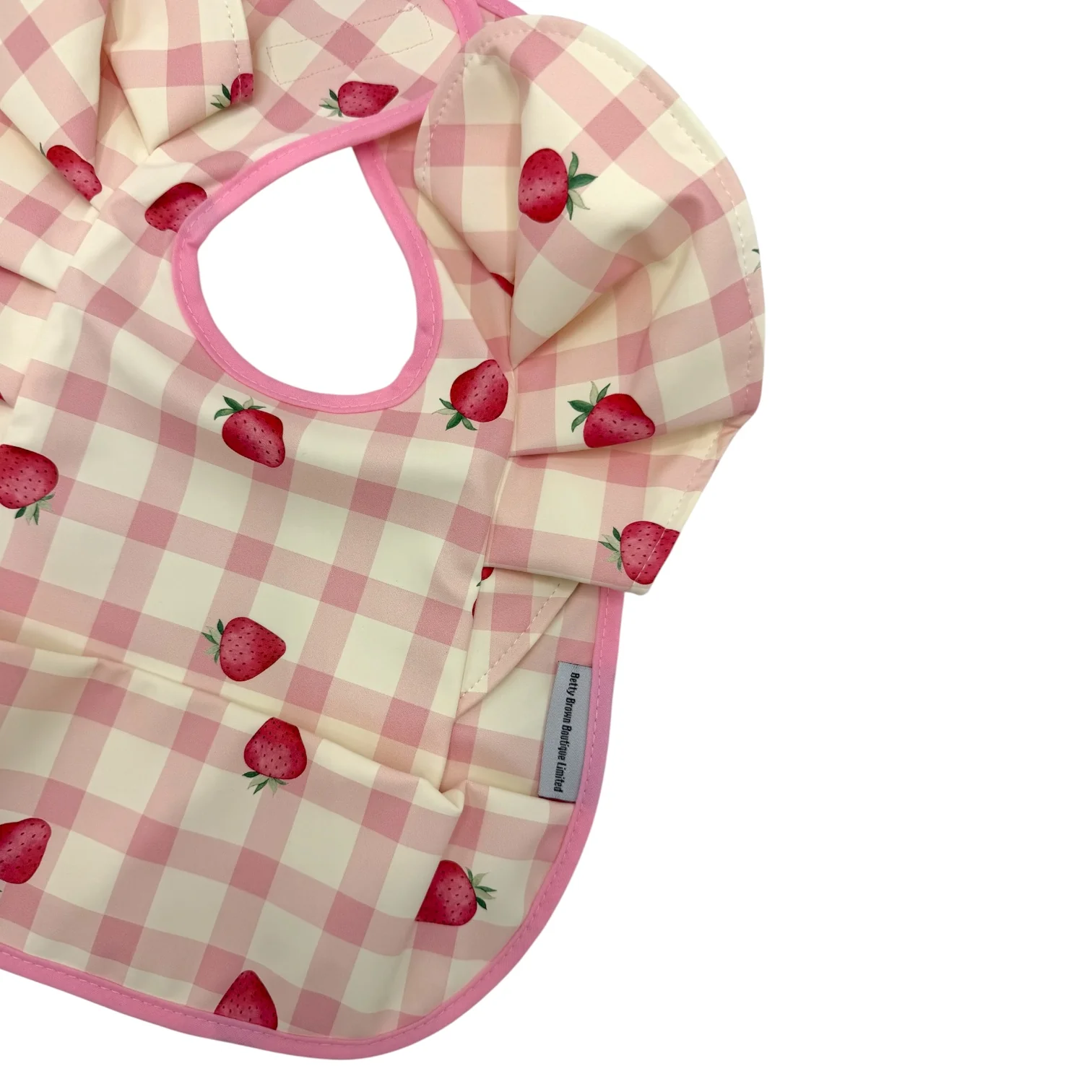 Pink Gingham Strawberry Pattern Frill Detailed Waterproof Weaning Bib - Image 5