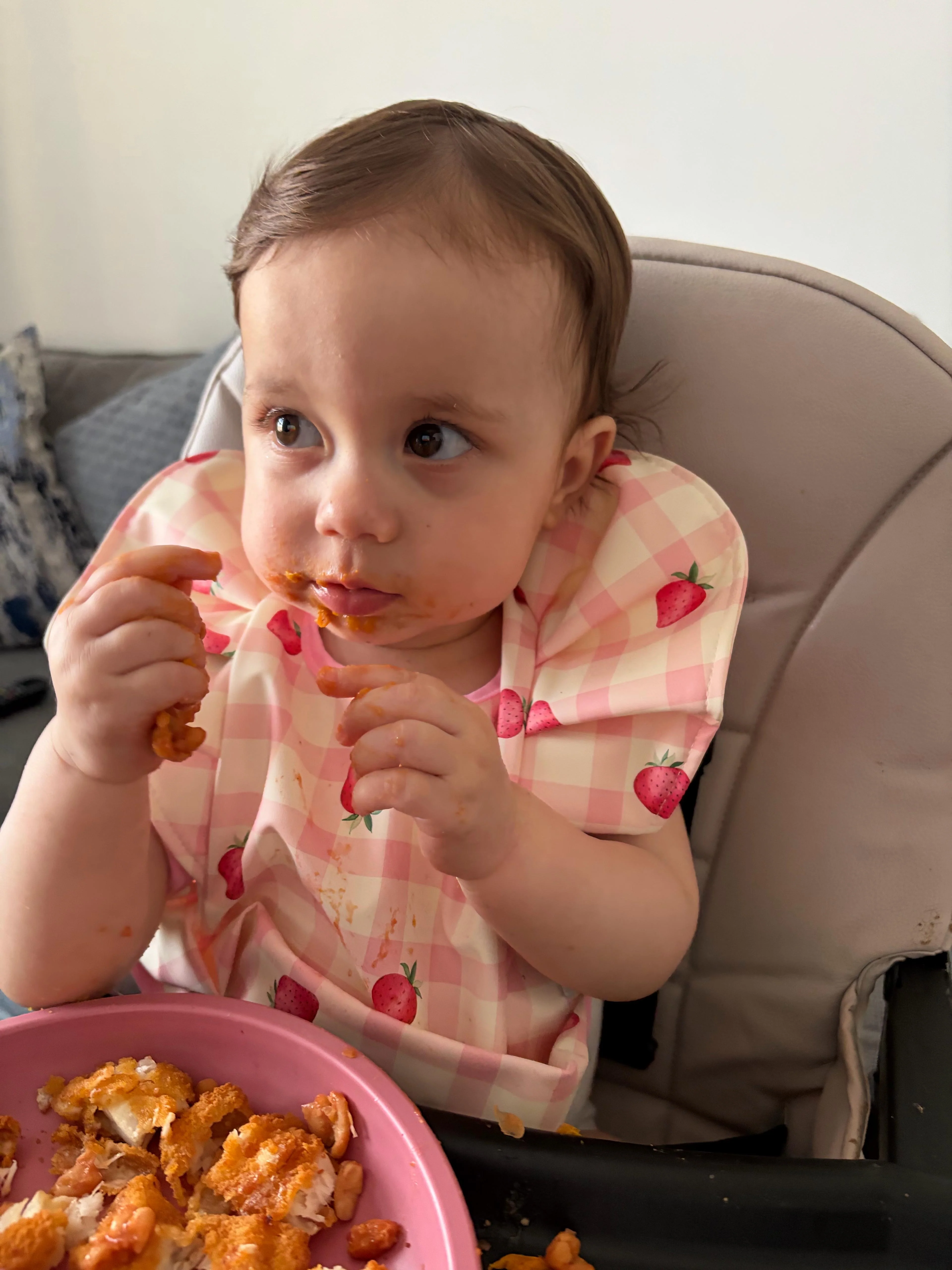 Pink Gingham Strawberry Pattern Frill Detailed Waterproof Weaning Bib - Image 6