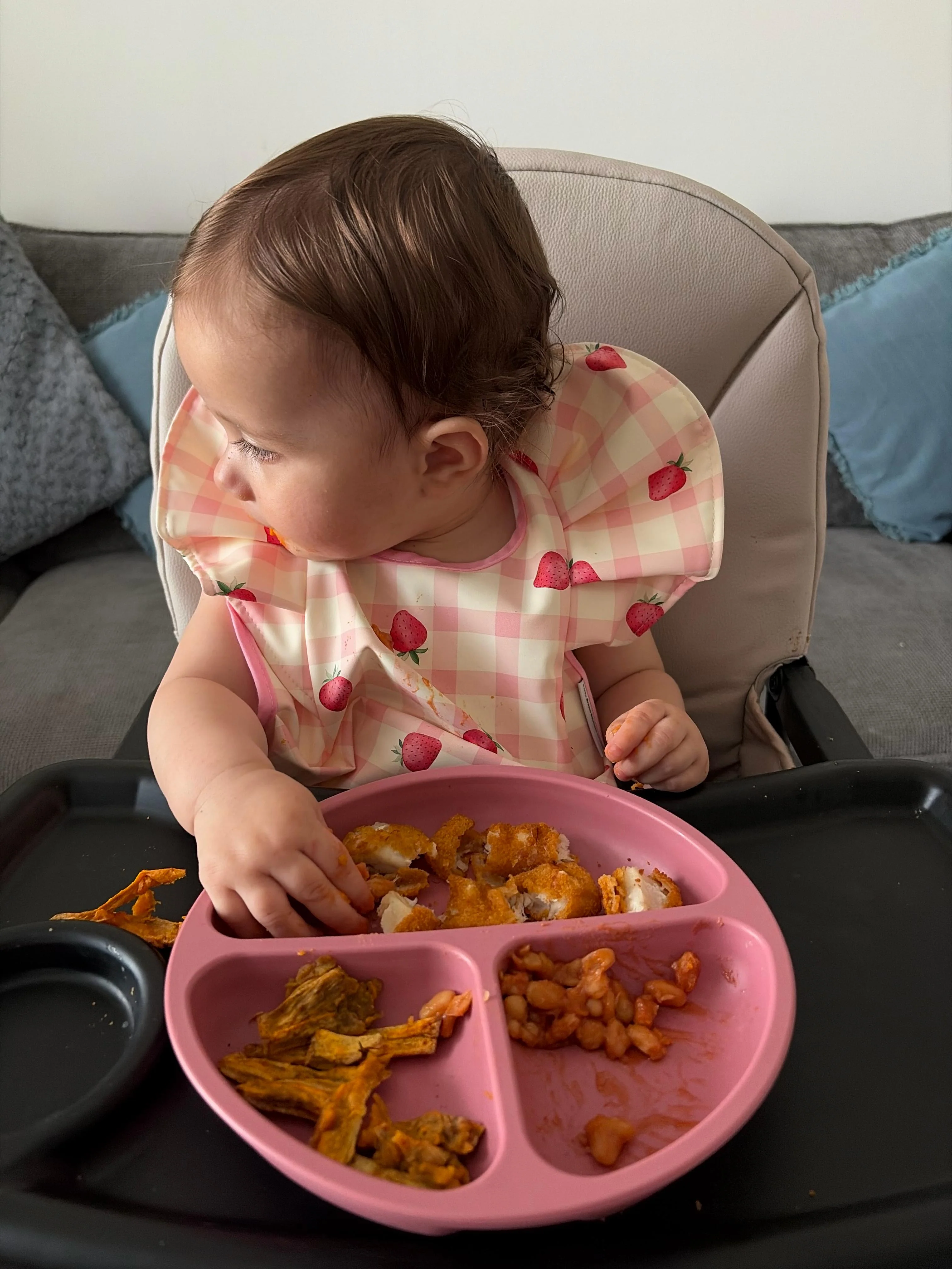 Pink Gingham Strawberry Pattern Frill Detailed Waterproof Weaning Bib - Image 7