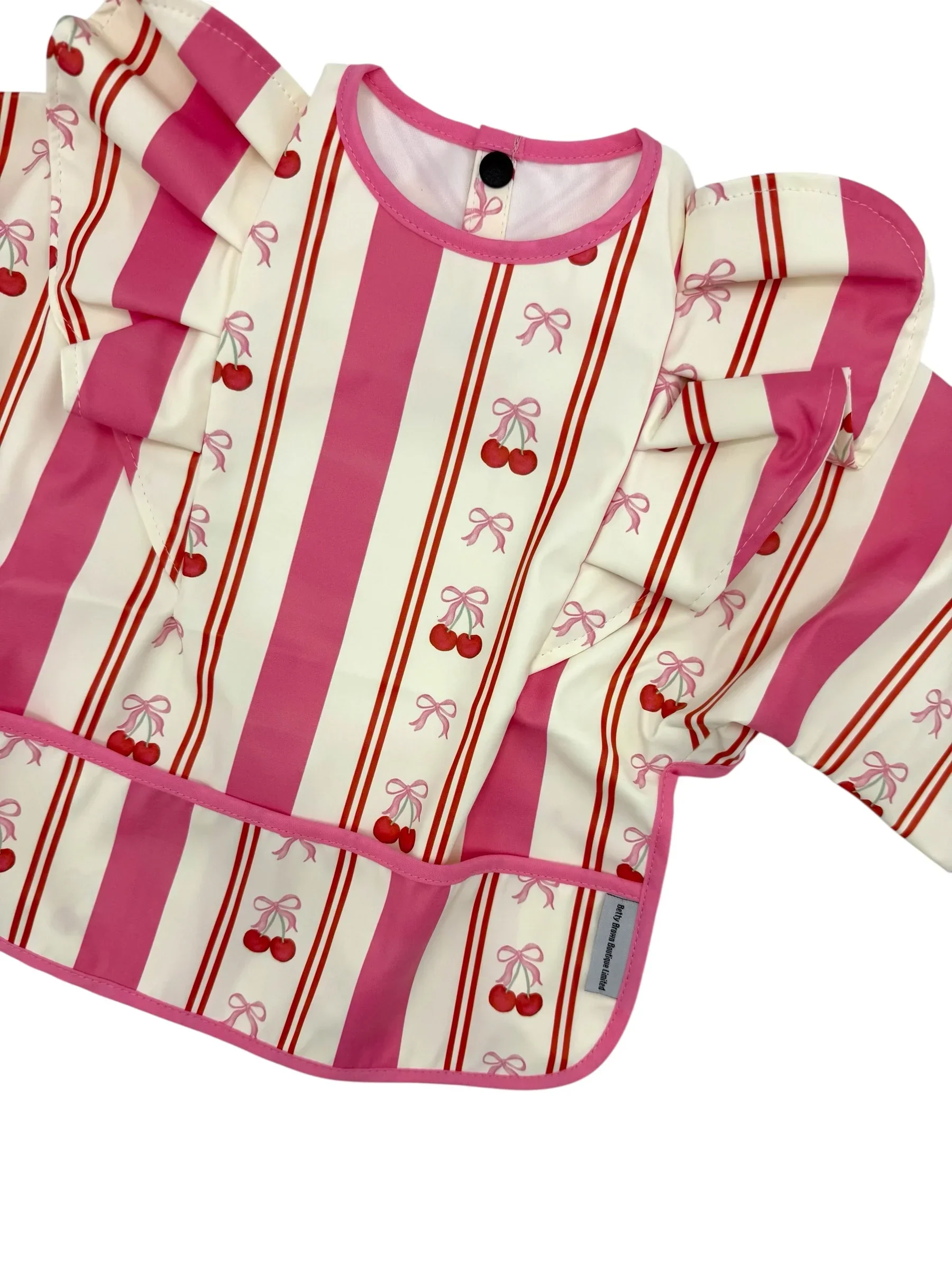 Pink Pinstripe Cherry Pattern Frill Detailed Waterproof Bib with Sleeves - Image 3