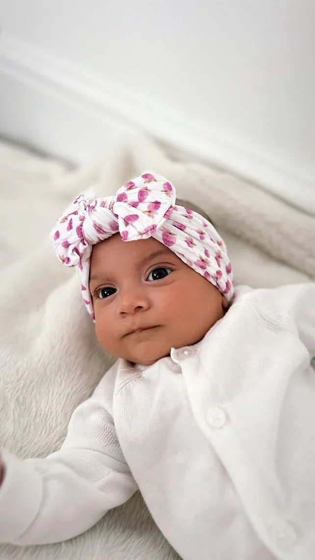 Pink Watercolour Strawberry Pattern Smaller Bow Cable Knit Headband - Image 3