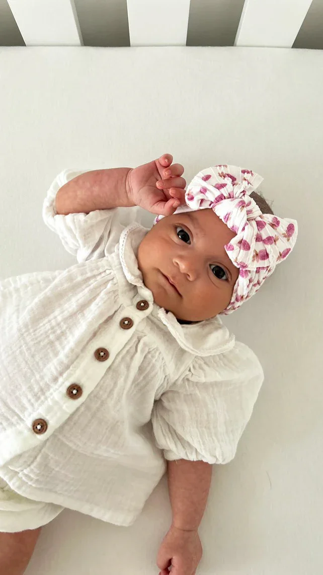 Pink Watercolour Strawberry Pattern Smaller Bow Cable Knit Headband - Image 5