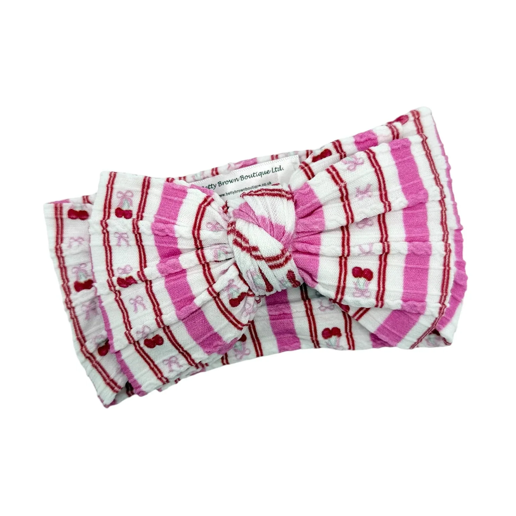 Pink Pinstripe Cherry Pattern Larger Bow Cable Knit Headband - Image 2