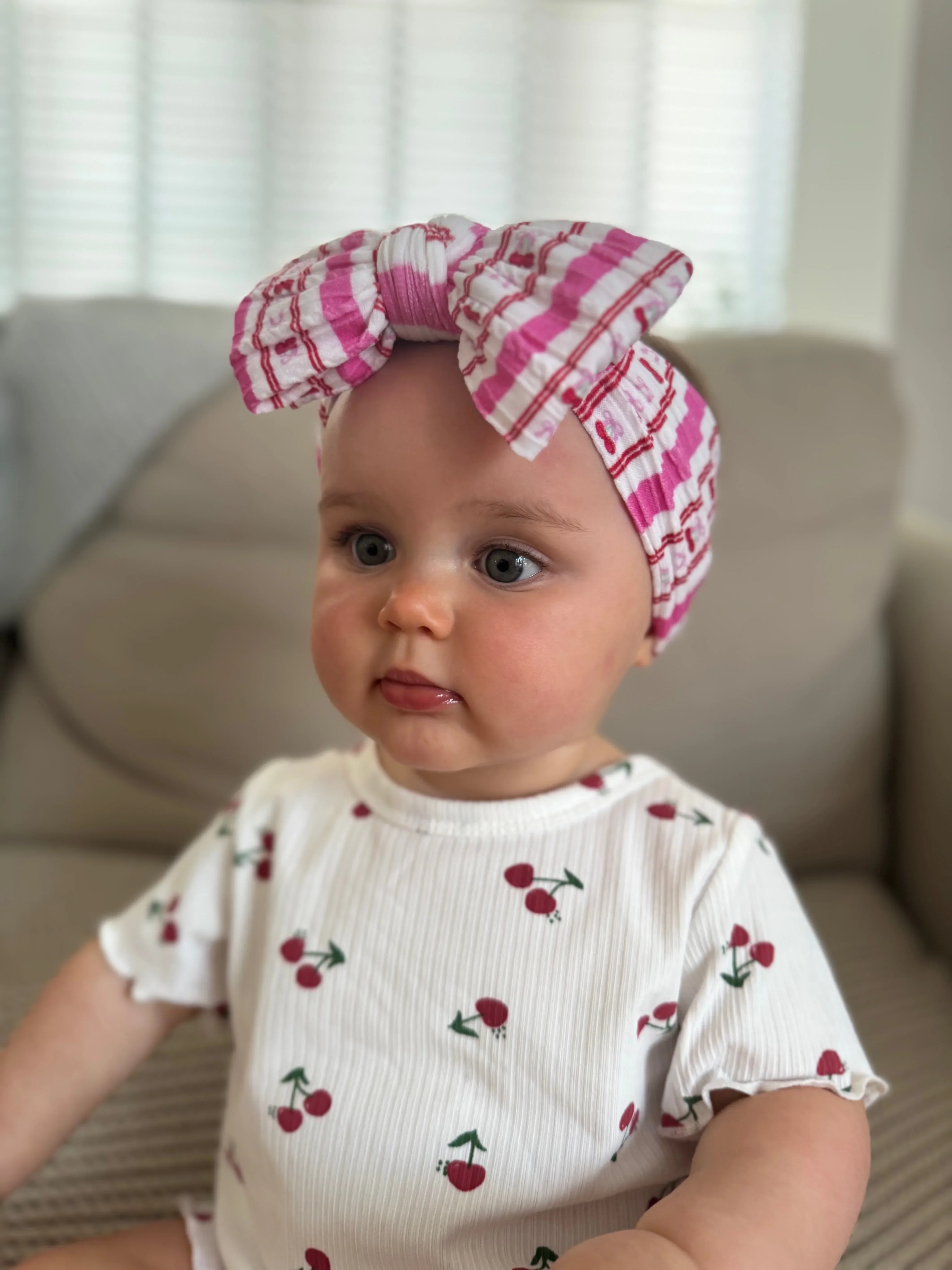 Pink Pinstripe Cherry Pattern Larger Bow Cable Knit Headband - Image 3