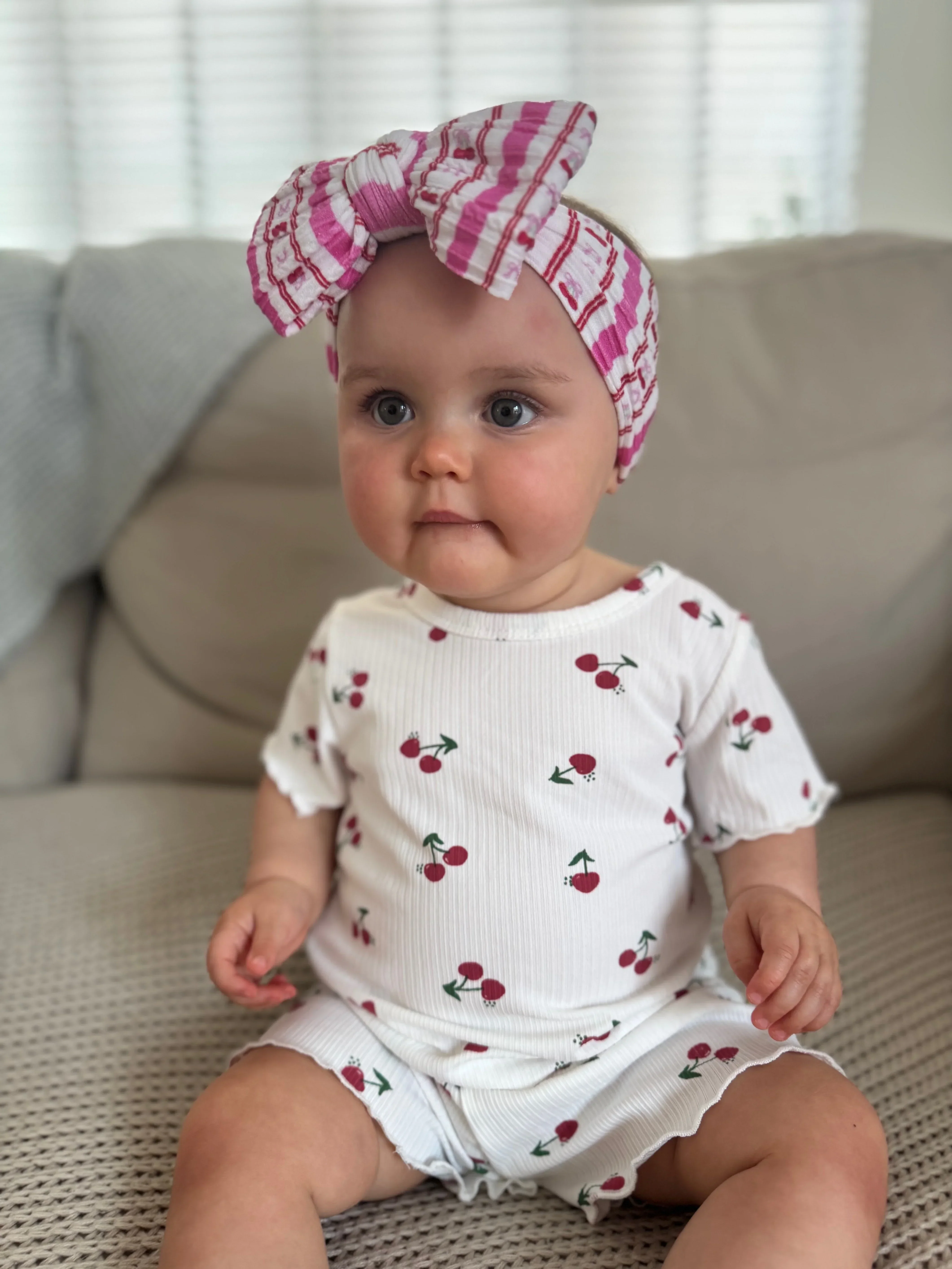 Pink Pinstripe Cherry Pattern Larger Bow Cable Knit Headband - Image 4