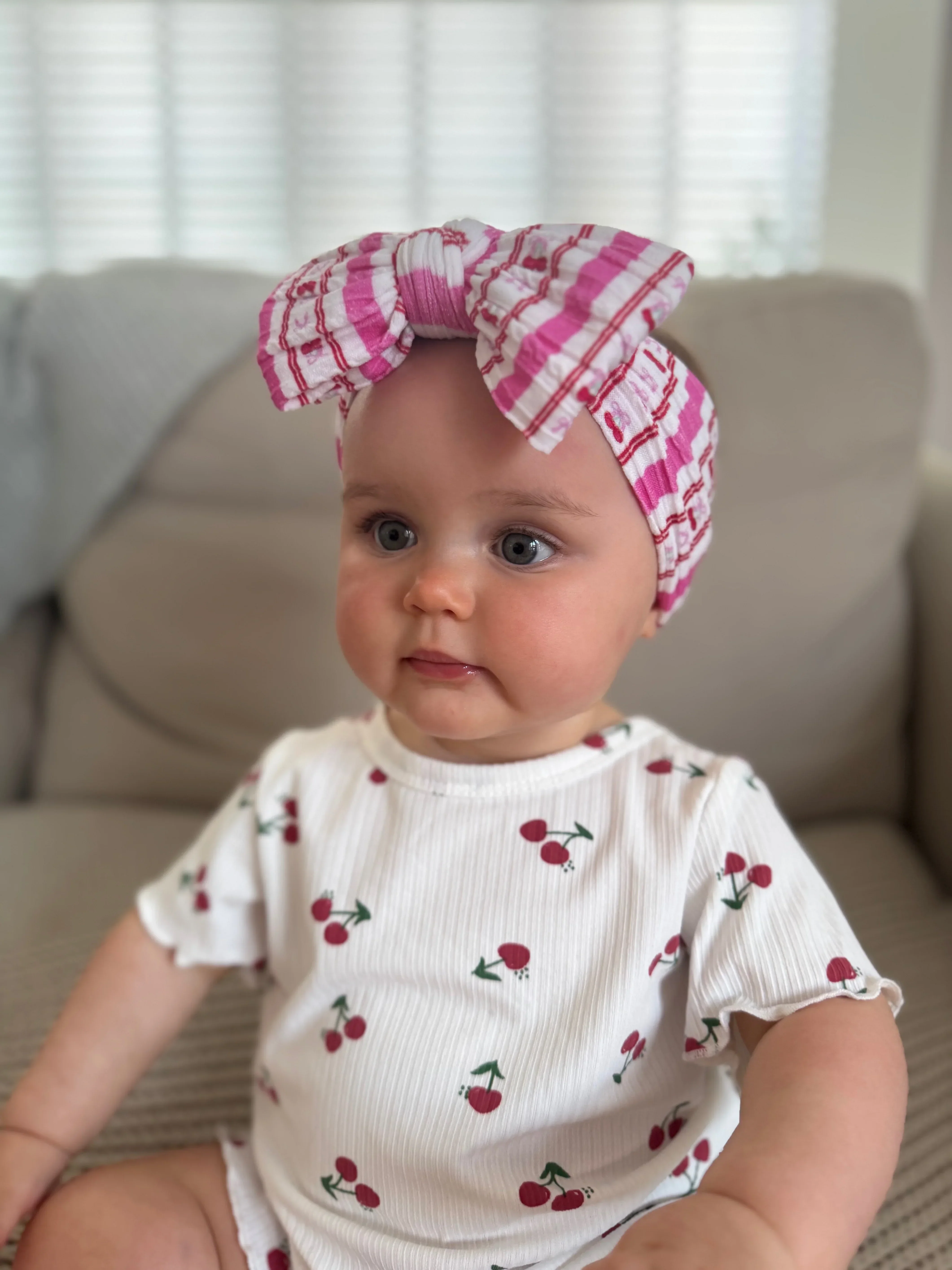Pink Pinstripe Cherry Pattern Larger Bow Cable Knit Headband - Image 5