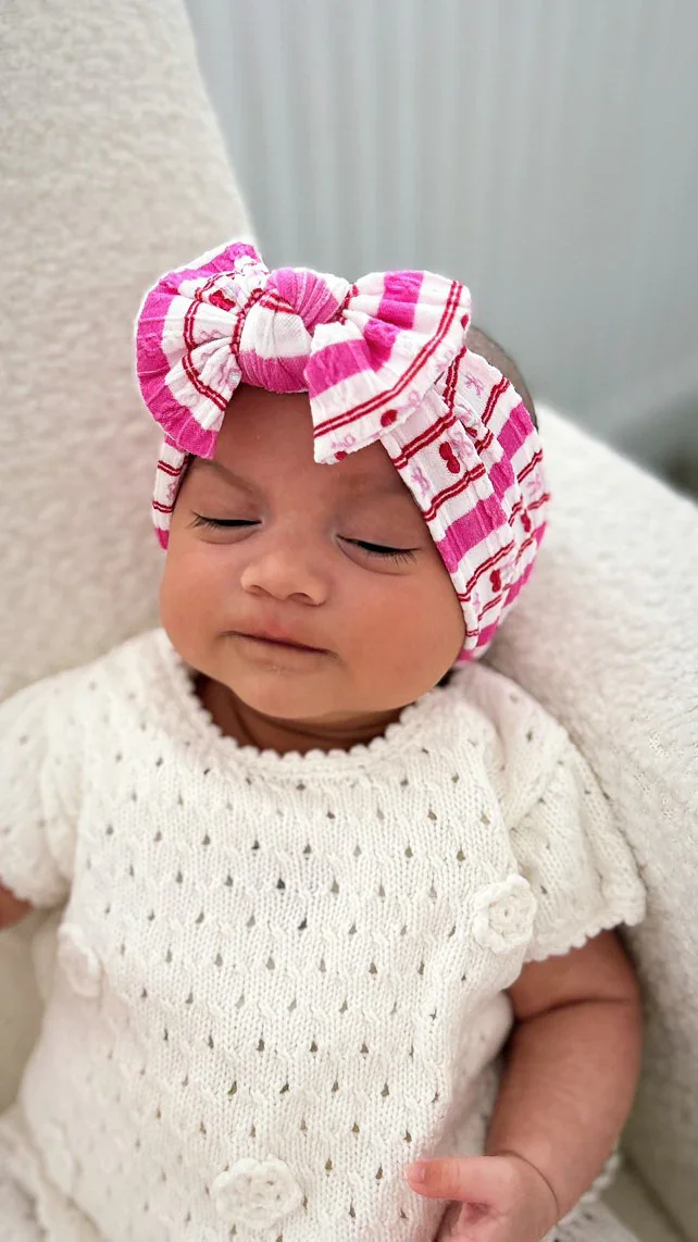 Pink Pinstripe Cherry Pattern Smaller Bow Cable Knit Headband - Image 3
