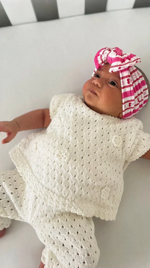 Pink Pinstripe Cherry Pattern Smaller Bow Cable Knit Headband - Image 5