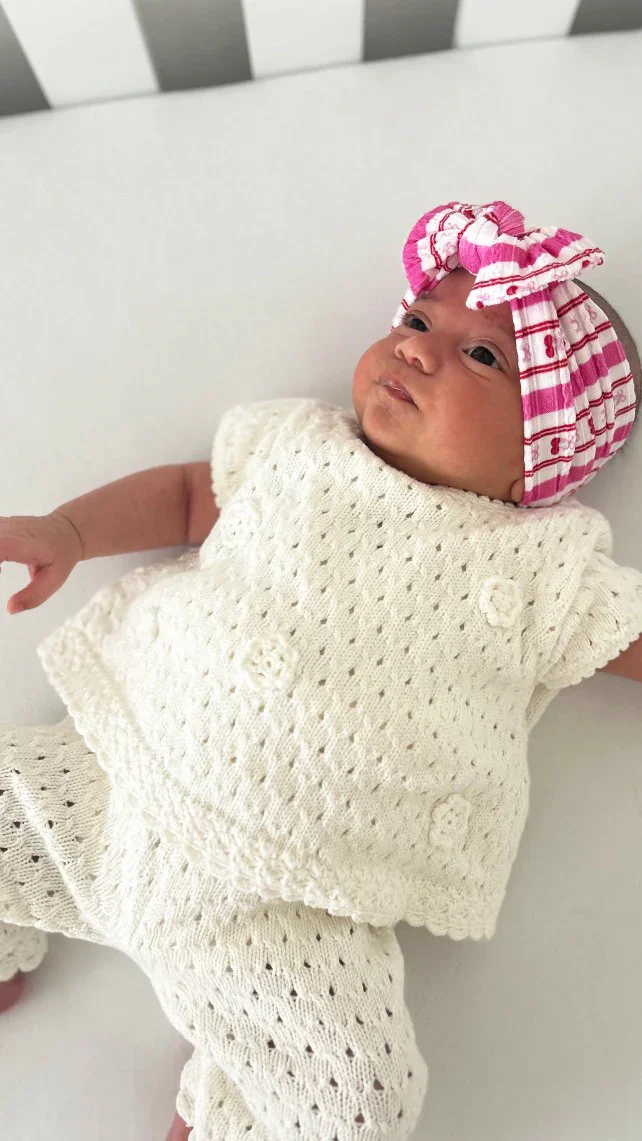 Pink Pinstripe Cherry Pattern Smaller Bow Cable Knit Headband - Image 6